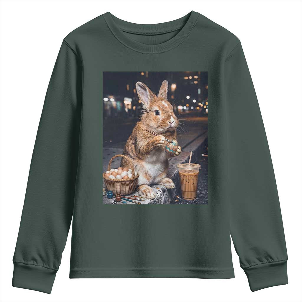 Easter Bunny Iced Coffee Youth Sweatshirt Funny Rabbit Egg Painting TS14 Dark Forest Green Print Your Wear