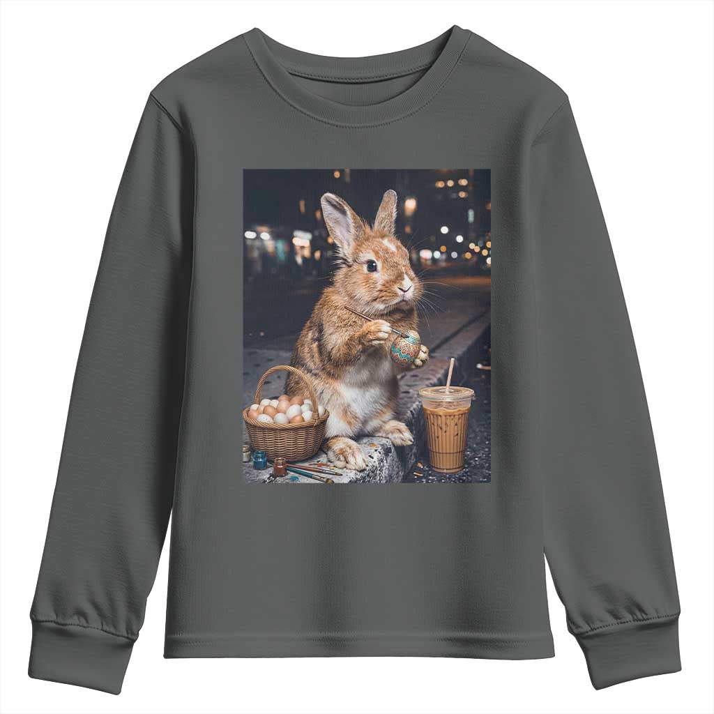 Easter Bunny Iced Coffee Youth Sweatshirt Funny Rabbit Egg Painting TS14 Dark Heather Print Your Wear