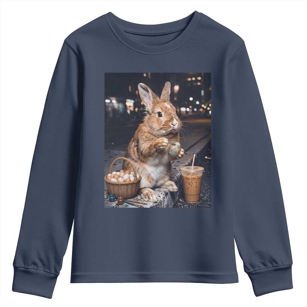 Easter Bunny Iced Coffee Youth Sweatshirt Funny Rabbit Egg Painting TS14 Navy Print Your Wear