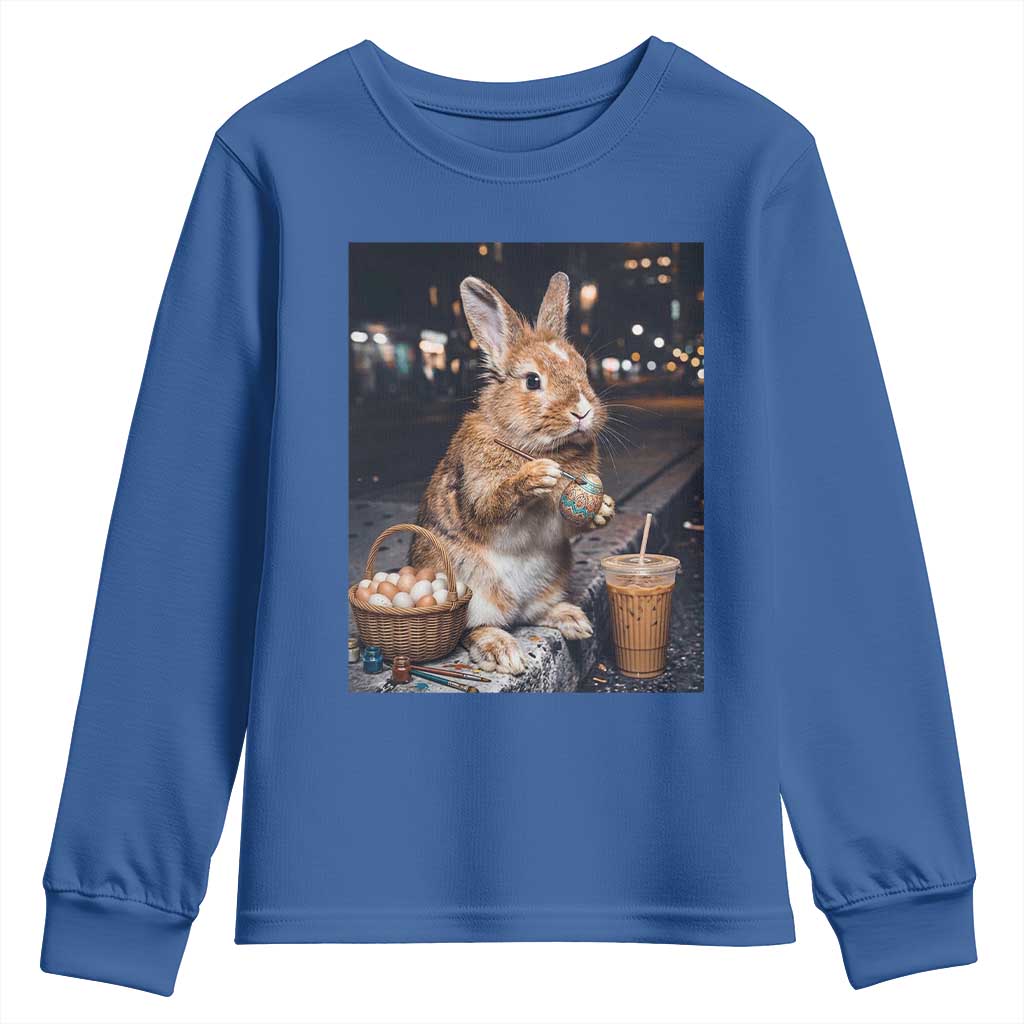 Easter Bunny Iced Coffee Youth Sweatshirt Funny Rabbit Egg Painting TS14 Royal Blue Print Your Wear