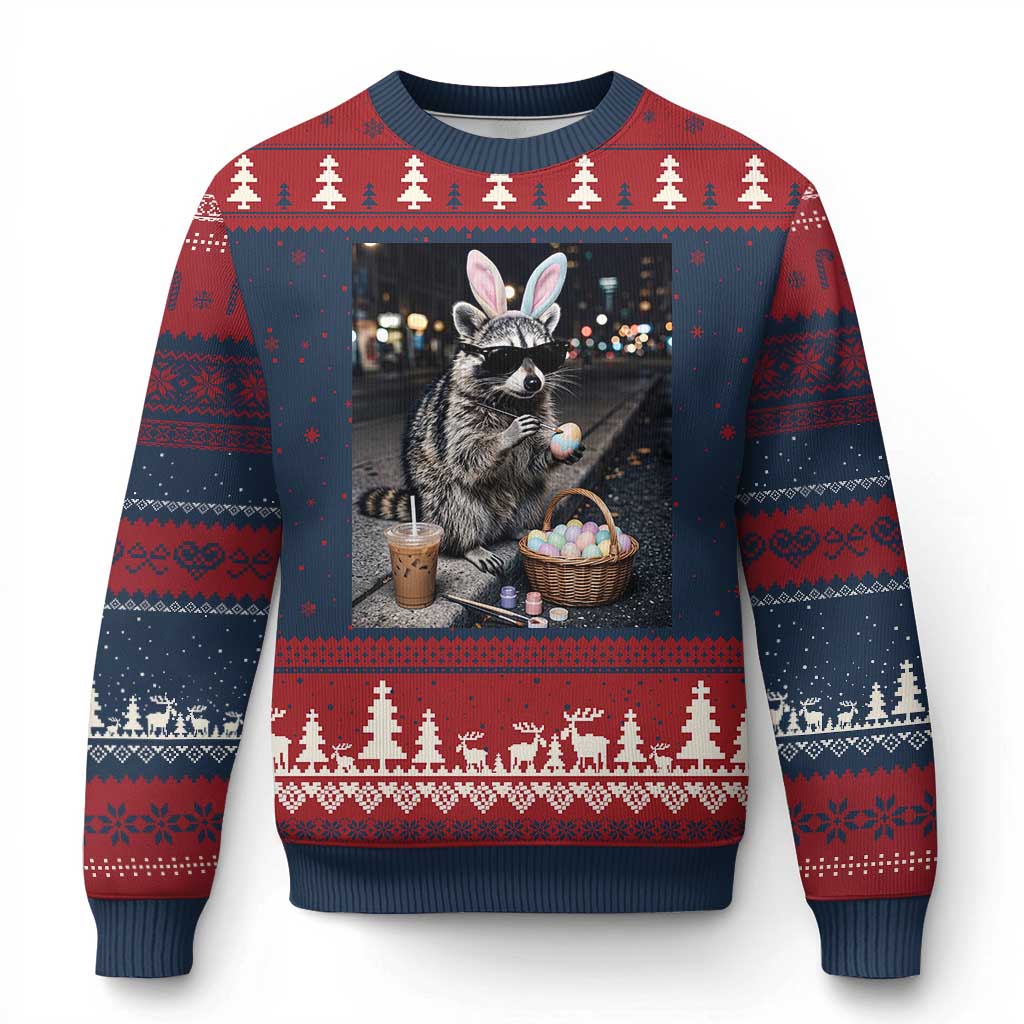 Easter Raccoon Iced Coffee Ugly Christmas Sweater Funny Trash Panda Egg Painting TS14 Navy Red Print Your Wear