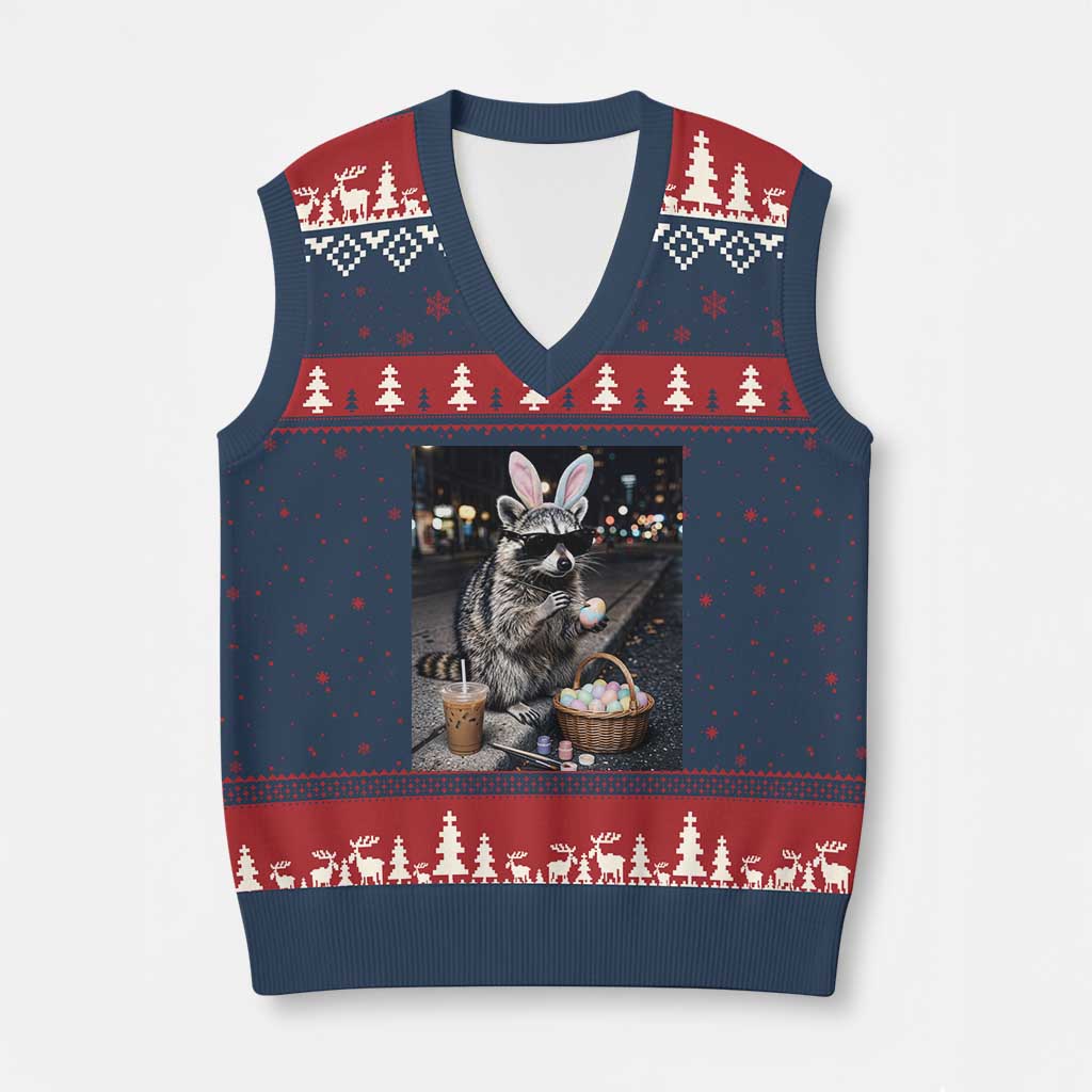 Easter Raccoon Iced Coffee V-Neck Knit Sweater Vest Funny Trash Panda Egg Painting TS14 Navy Red Print Your Wear