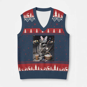 Easter Raccoon Iced Coffee V-Neck Knit Sweater Vest Funny Trash Panda Egg Painting TS14 Navy Red Print Your Wear