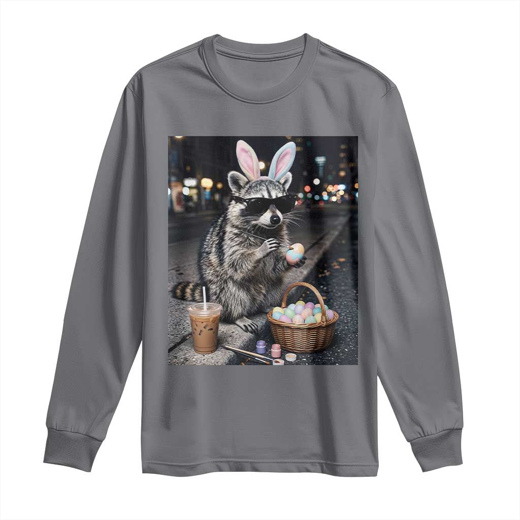 Easter Raccoon Iced Coffee Long Sleeve Shirt Funny Trash Panda Egg Painting TS14 Charcoal Print Your Wear
