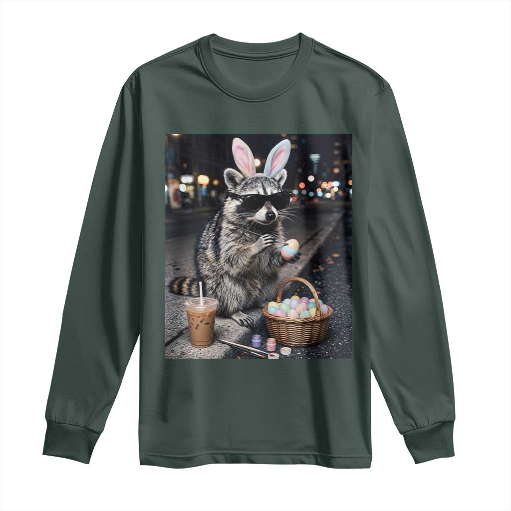 Easter Raccoon Iced Coffee Long Sleeve Shirt Funny Trash Panda Egg Painting TS14 Dark Forest Green Print Your Wear