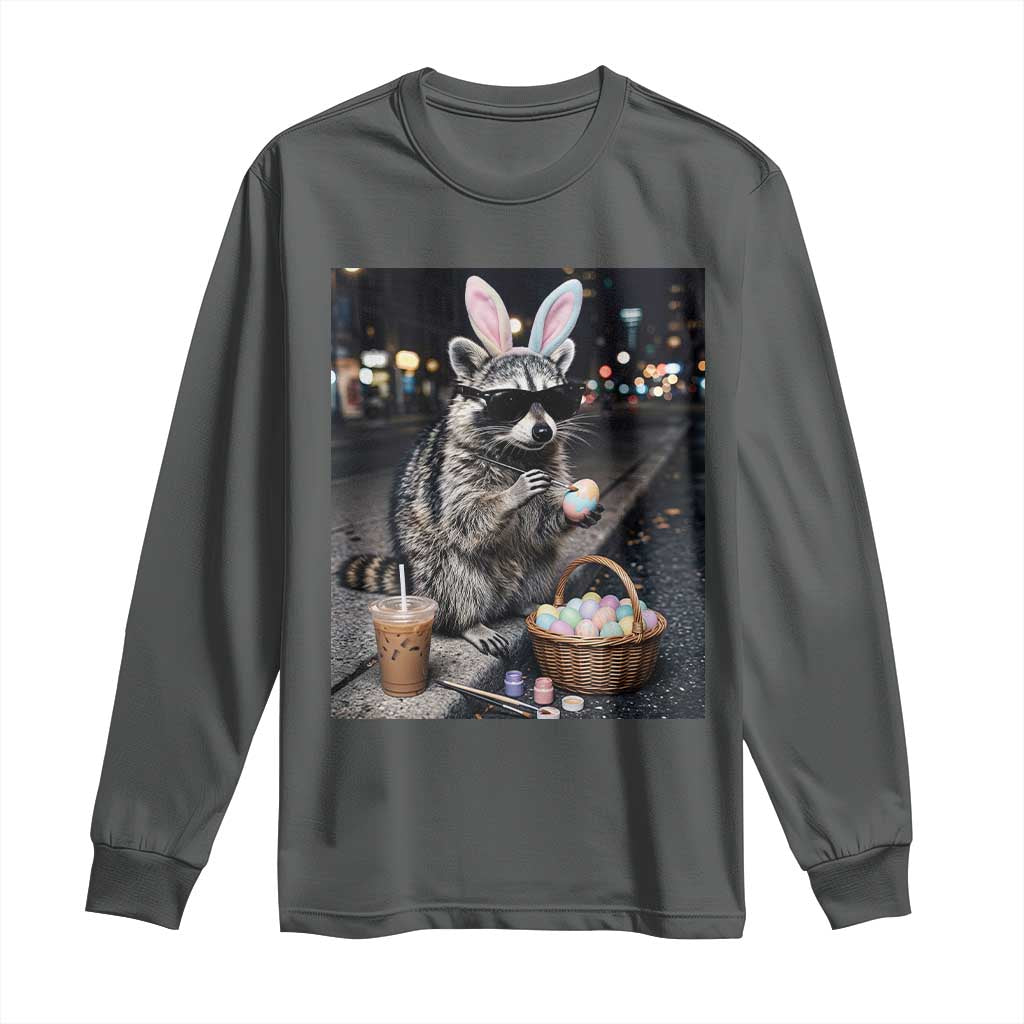 Easter Raccoon Iced Coffee Long Sleeve Shirt Funny Trash Panda Egg Painting TS14 Dark Heather Print Your Wear