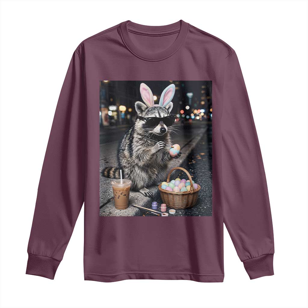 Easter Raccoon Iced Coffee Long Sleeve Shirt Funny Trash Panda Egg Painting TS14 Maroon Print Your Wear