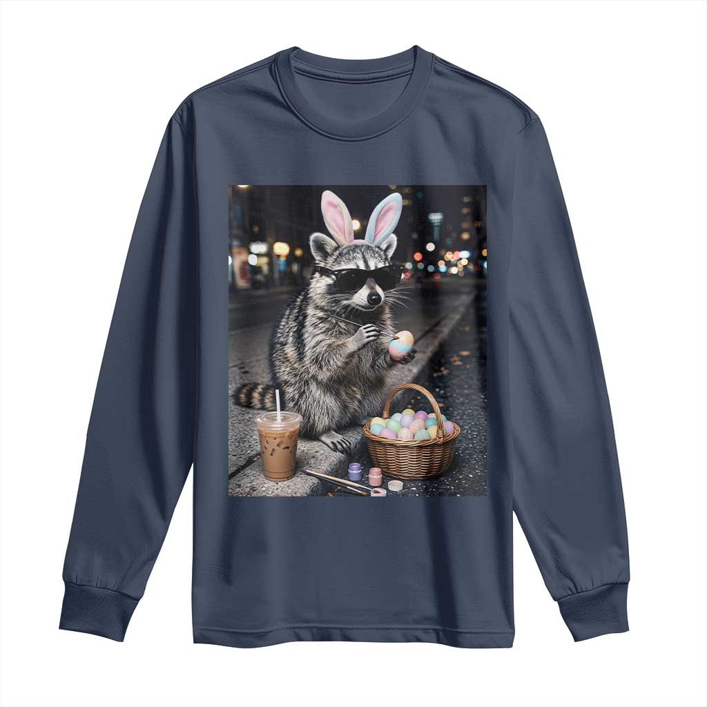 Easter Raccoon Iced Coffee Long Sleeve Shirt Funny Trash Panda Egg Painting TS14 Navy Print Your Wear