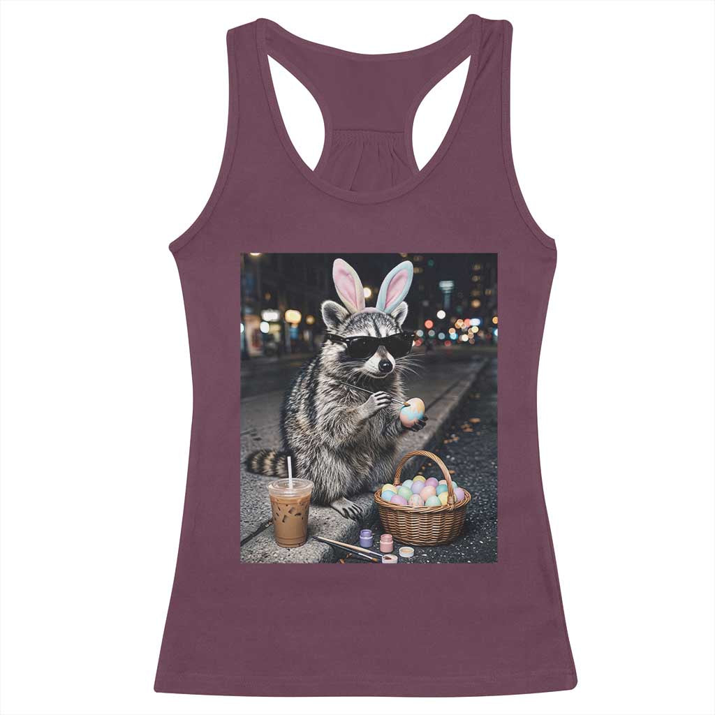 Easter Raccoon Iced Coffee Racerback Tank Top Funny Trash Panda Egg Painting TS14 Maroon Print Your Wear
