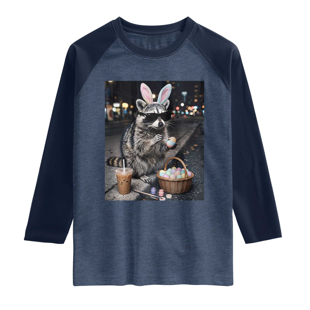 Easter Raccoon Iced Coffee Raglan Shirt Funny Trash Panda Egg Painting TS14 Heather Denim Navy Print Your Wear