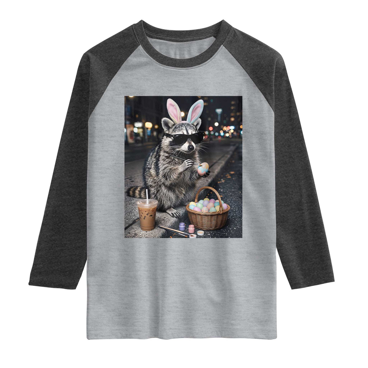 Easter Raccoon Iced Coffee Raglan Shirt Funny Trash Panda Egg Painting TS14 Heather Gray Heather Charcoal Print Your Wear