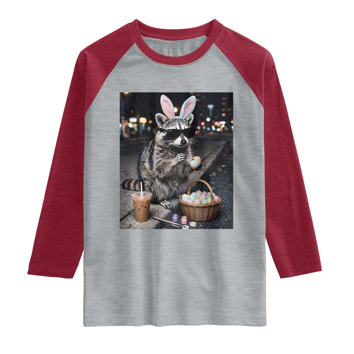 Easter Raccoon Iced Coffee Raglan Shirt Funny Trash Panda Egg Painting TS14 Heather Gray Heather Red Print Your Wear