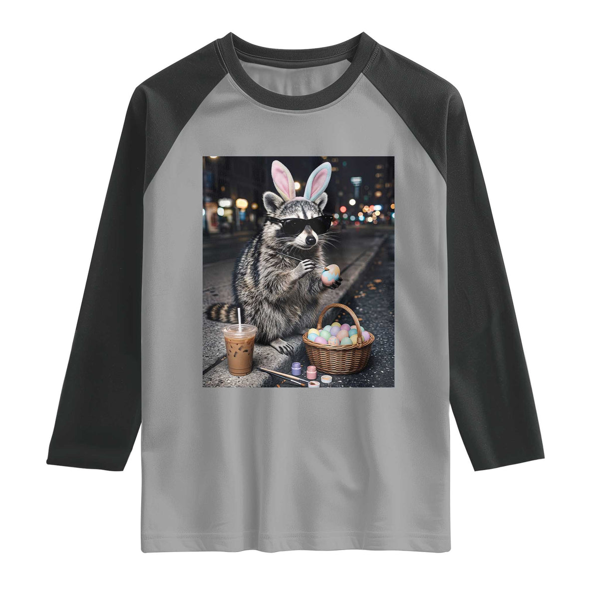 Easter Raccoon Iced Coffee Raglan Shirt Funny Trash Panda Egg Painting TS14 Sport Gray Black Print Your Wear