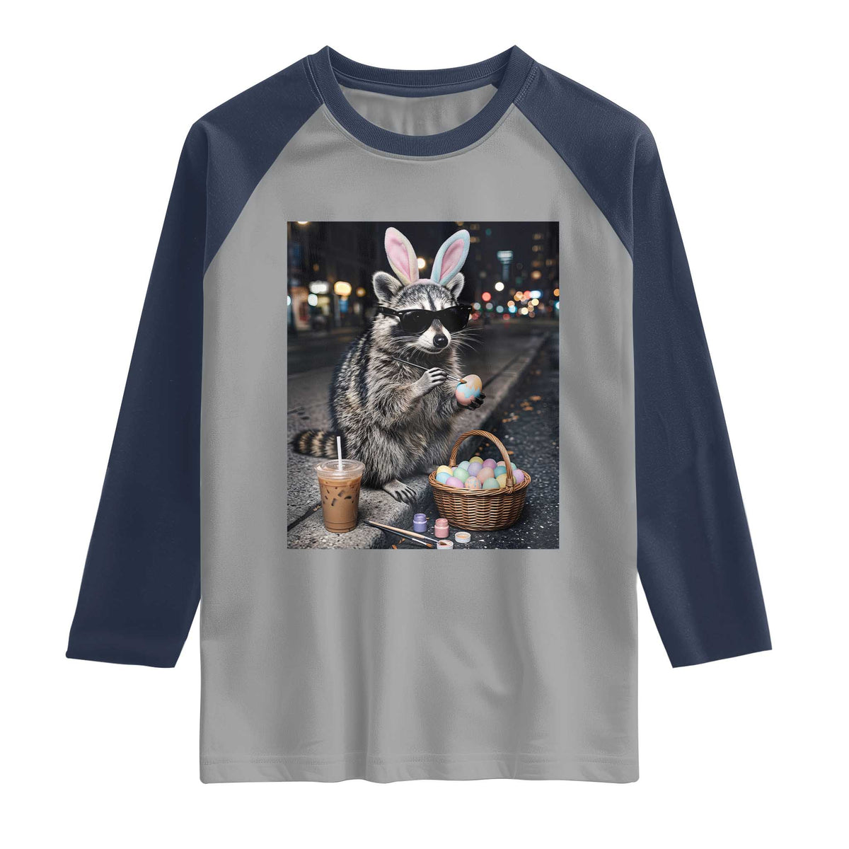 Easter Raccoon Iced Coffee Raglan Shirt Funny Trash Panda Egg Painting TS14 Sport Gray Navy Print Your Wear