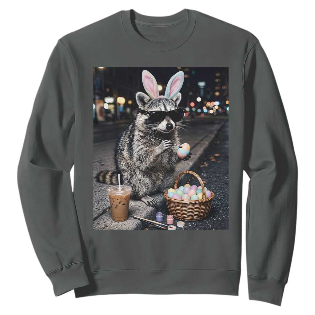 Easter Raccoon Iced Coffee Sweatshirt Funny Trash Panda Egg Painting TS14 Dark Heather Print Your Wear