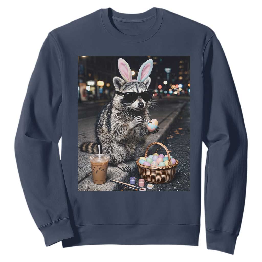 Easter Raccoon Iced Coffee Sweatshirt Funny Trash Panda Egg Painting TS14 Navy Print Your Wear