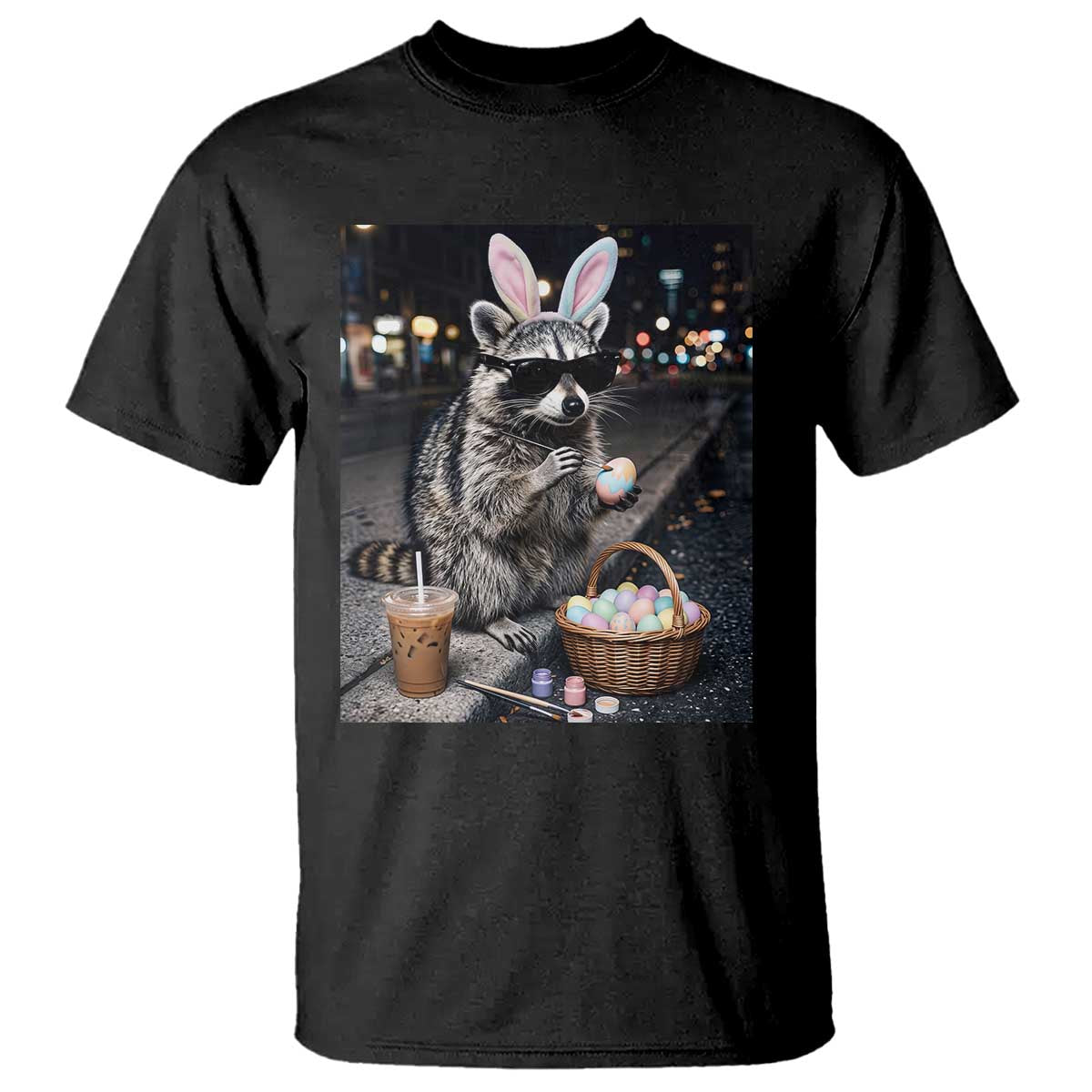 Easter Raccoon Iced Coffee T Shirt Funny Trash Panda Egg Painting TS14 Black Print Your Wear