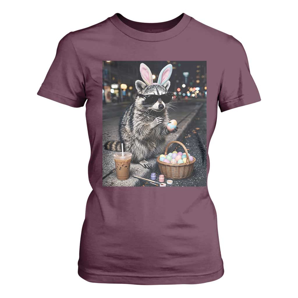Easter Raccoon Iced Coffee T Shirt For Women Funny Trash Panda Egg Painting TS14 Maroon Print Your Wear