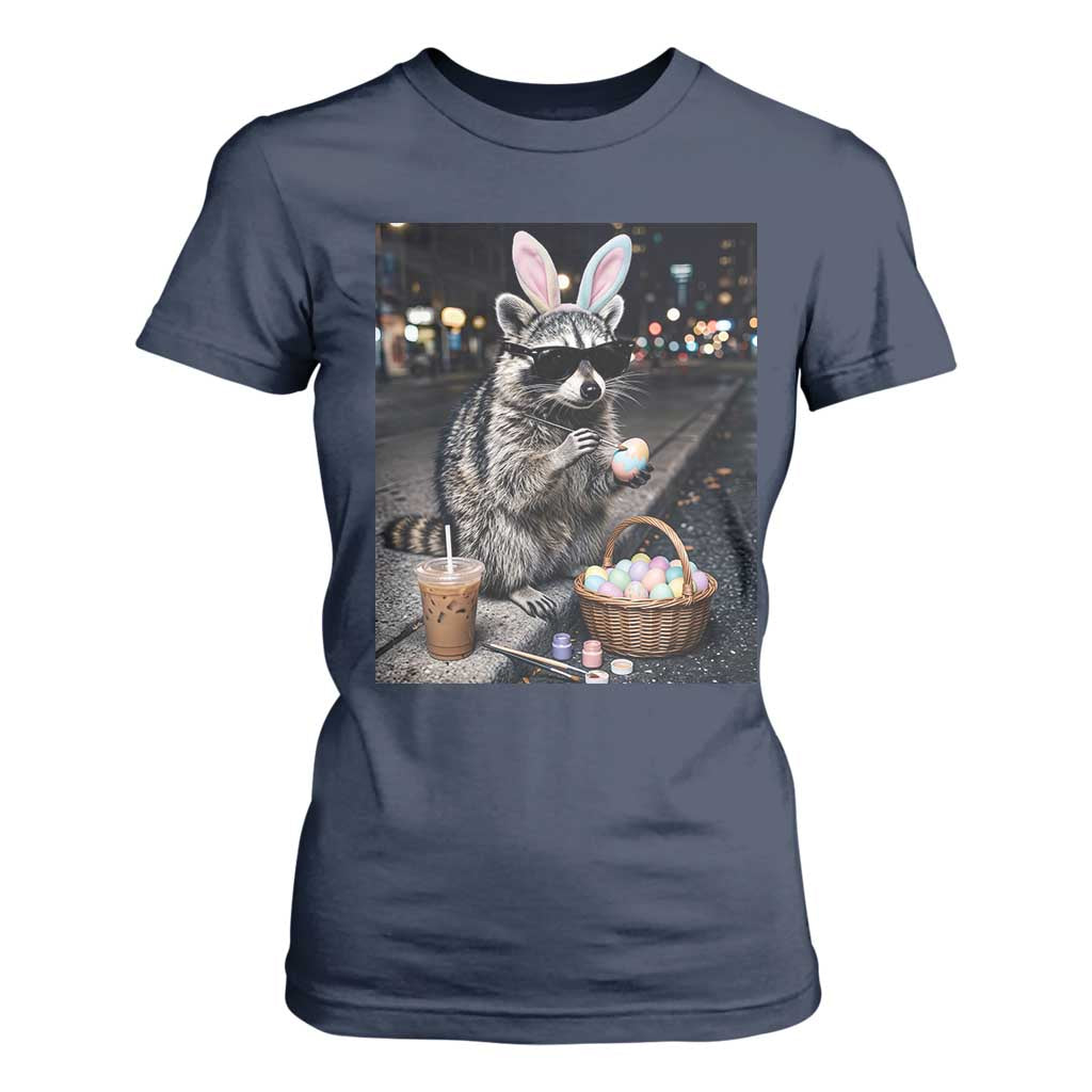 Easter Raccoon Iced Coffee T Shirt For Women Funny Trash Panda Egg Painting TS14 Navy Print Your Wear