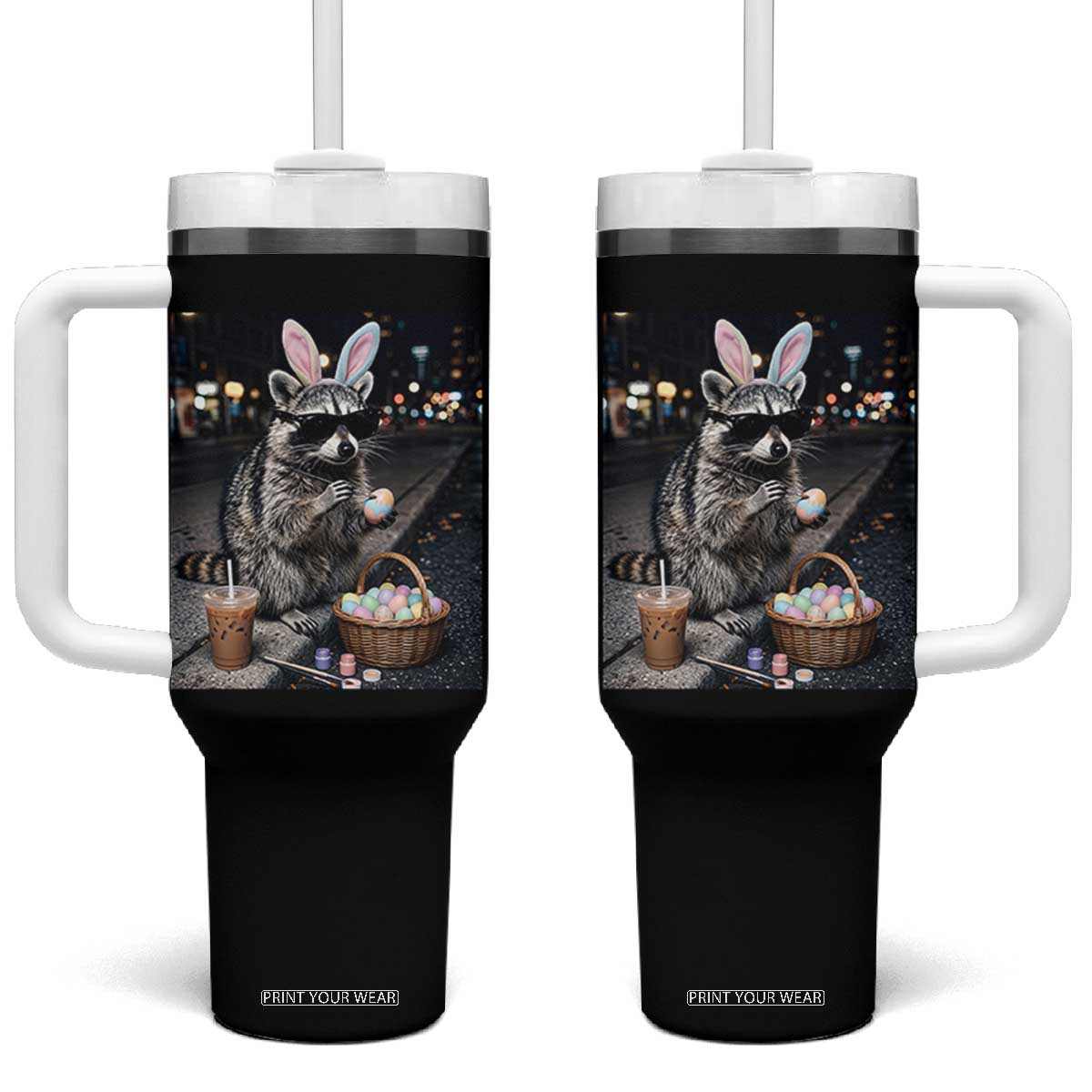 Easter Raccoon Iced Coffee Tumbler With Handle Funny Trash Panda Egg Painting TS14 One Size: 40 oz Black Print Your Wear