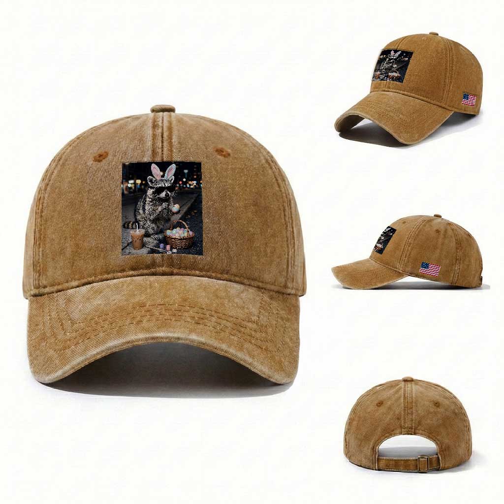 Easter Raccoon Iced Coffee Washed Cotton Baseball Cap Funny Trash Panda Egg Painting TS14 Washed Cap Universal Fit Yellow Ochre Print Your Wear
