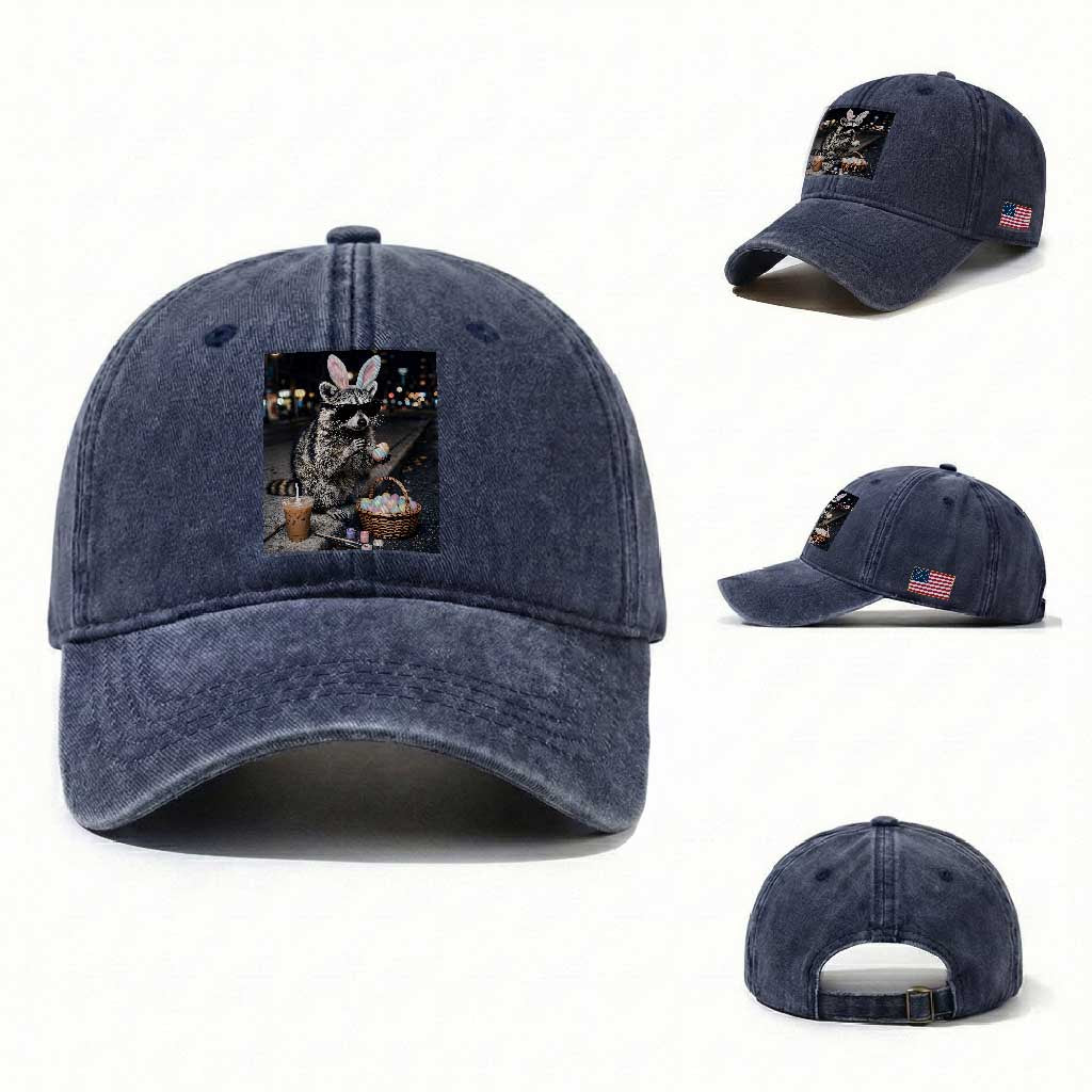 Easter Raccoon Iced Coffee Washed Cotton Baseball Cap Funny Trash Panda Egg Painting TS14 Washed Cap Universal Fit Navy Print Your Wear
