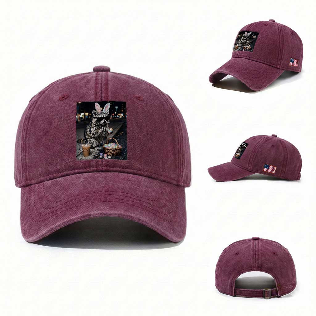 Easter Raccoon Iced Coffee Washed Cotton Baseball Cap Funny Trash Panda Egg Painting TS14 Washed Cap Universal Fit Burgundy Print Your Wear