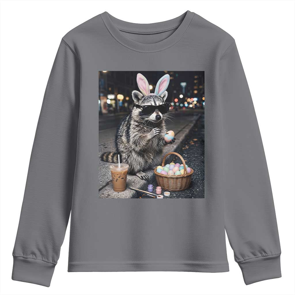 Easter Raccoon Iced Coffee Youth Sweatshirt Funny Trash Panda Egg Painting TS14 Charcoal Print Your Wear