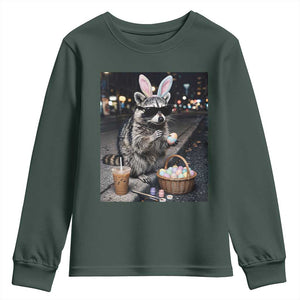 Easter Raccoon Iced Coffee Youth Sweatshirt Funny Trash Panda Egg Painting TS14 Dark Forest Green Print Your Wear