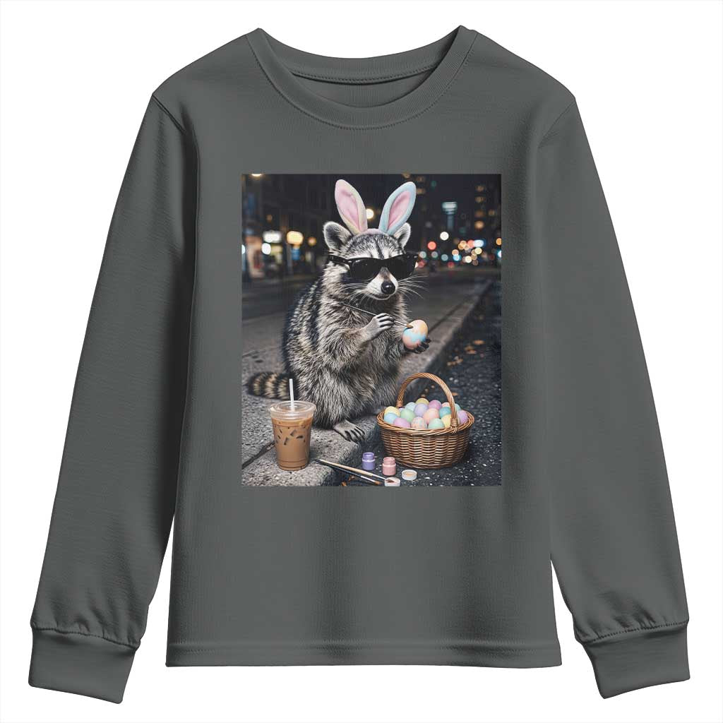 Easter Raccoon Iced Coffee Youth Sweatshirt Funny Trash Panda Egg Painting TS14 Dark Heather Print Your Wear