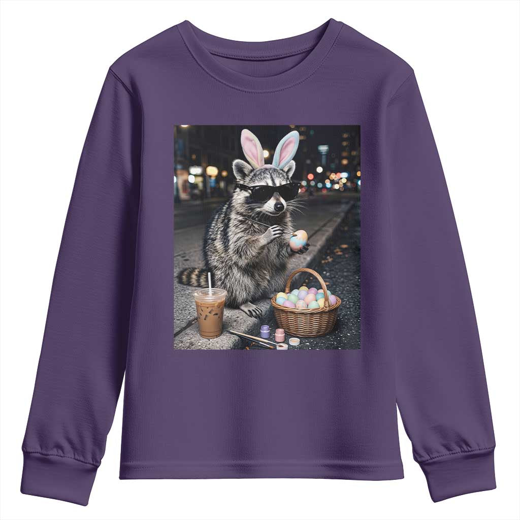 Easter Raccoon Iced Coffee Youth Sweatshirt Funny Trash Panda Egg Painting TS14 Purple Print Your Wear