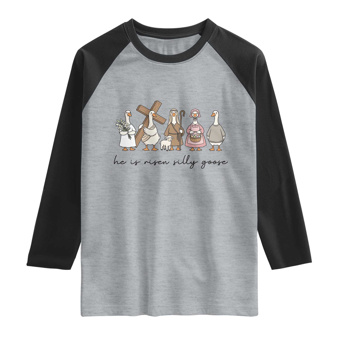 He Is Risen Silly Goose Raglan Shirt Funny Christian Easter TS14 Heather Gray Black Print Your Wear
