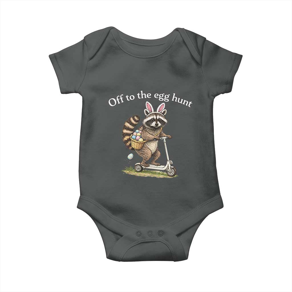 Off To The Egg Hunt Baby Onesie Funny Easter Raccoon TS14 Dark Heather Print Your Wear