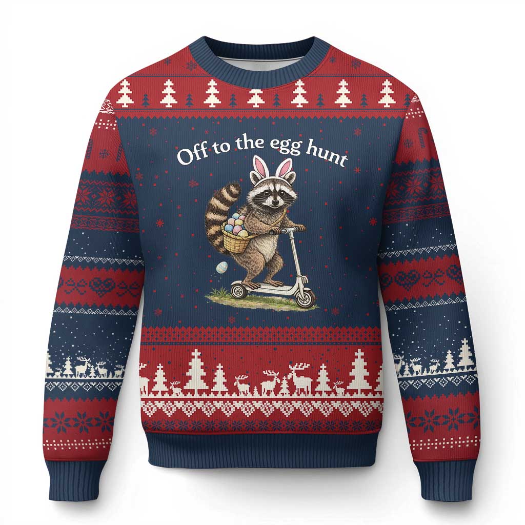 Off To The Egg Hunt Ugly Christmas Sweater Funny Easter Raccoon TS14 Navy Red Print Your Wear