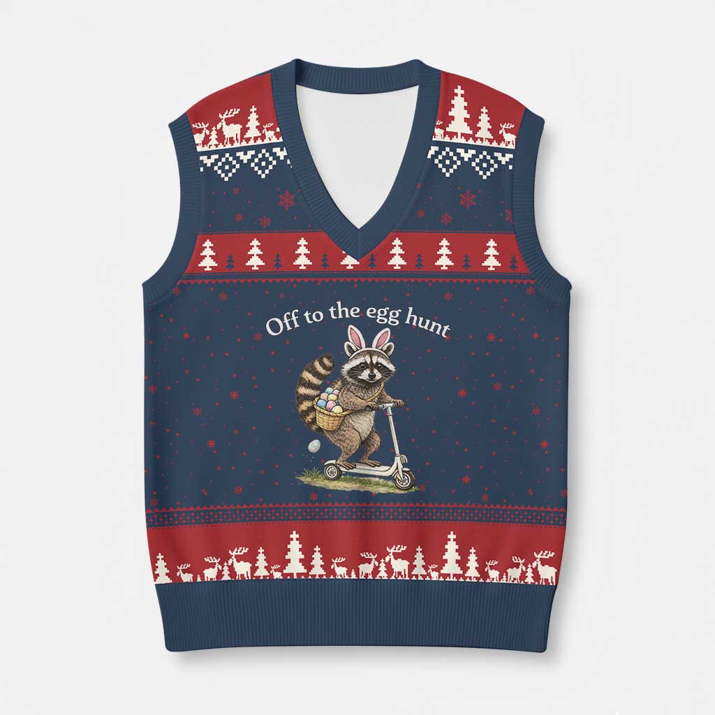 Off To The Egg Hunt V-Neck Knit Sweater Vest Funny Easter Raccoon TS14 Navy Red Print Your Wear