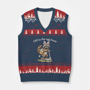 Off To The Egg Hunt V-Neck Knit Sweater Vest Funny Easter Raccoon TS14 Navy Red Print Your Wear
