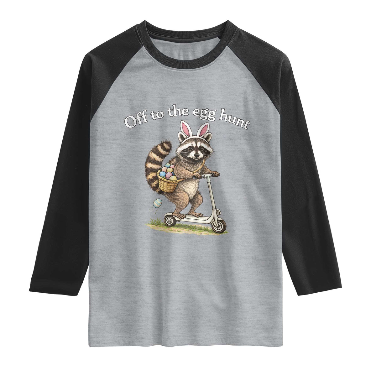 Off To The Egg Hunt Raglan Shirt Funny Easter Raccoon TS14 Heather Gray Black Print Your Wear