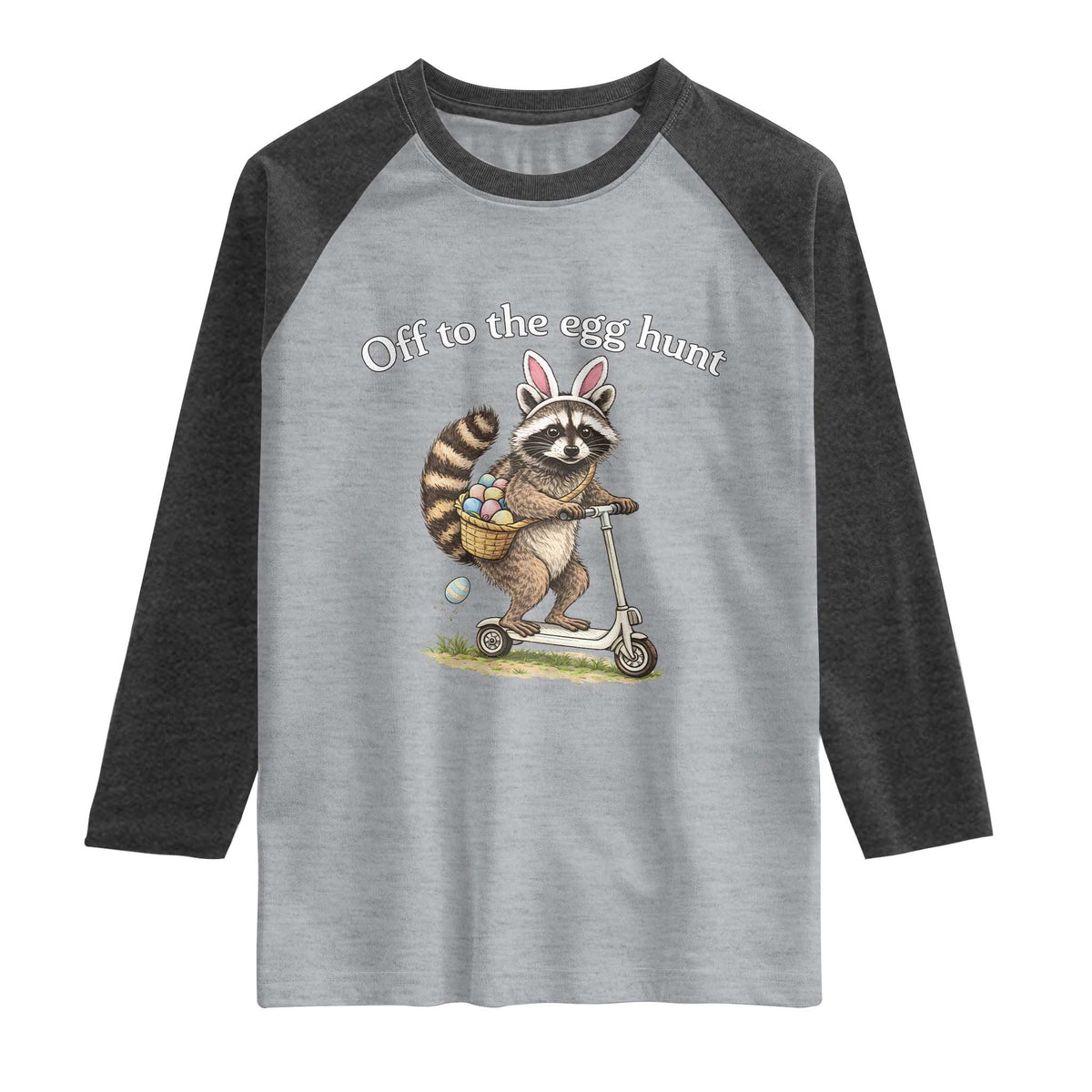 Off To The Egg Hunt Raglan Shirt Funny Easter Raccoon TS14 Heather Gray Heather Charcoal Print Your Wear