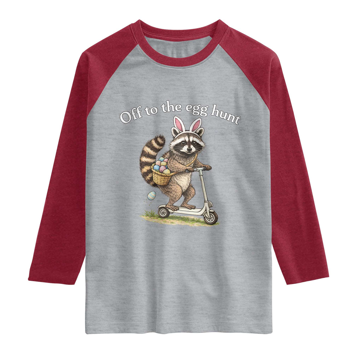 Off To The Egg Hunt Raglan Shirt Funny Easter Raccoon TS14 Heather Gray Heather Red Print Your Wear