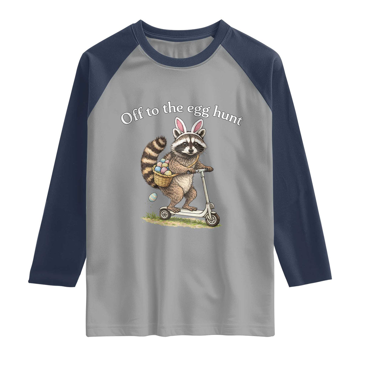 Off To The Egg Hunt Raglan Shirt Funny Easter Raccoon TS14 Sport Gray Navy Print Your Wear