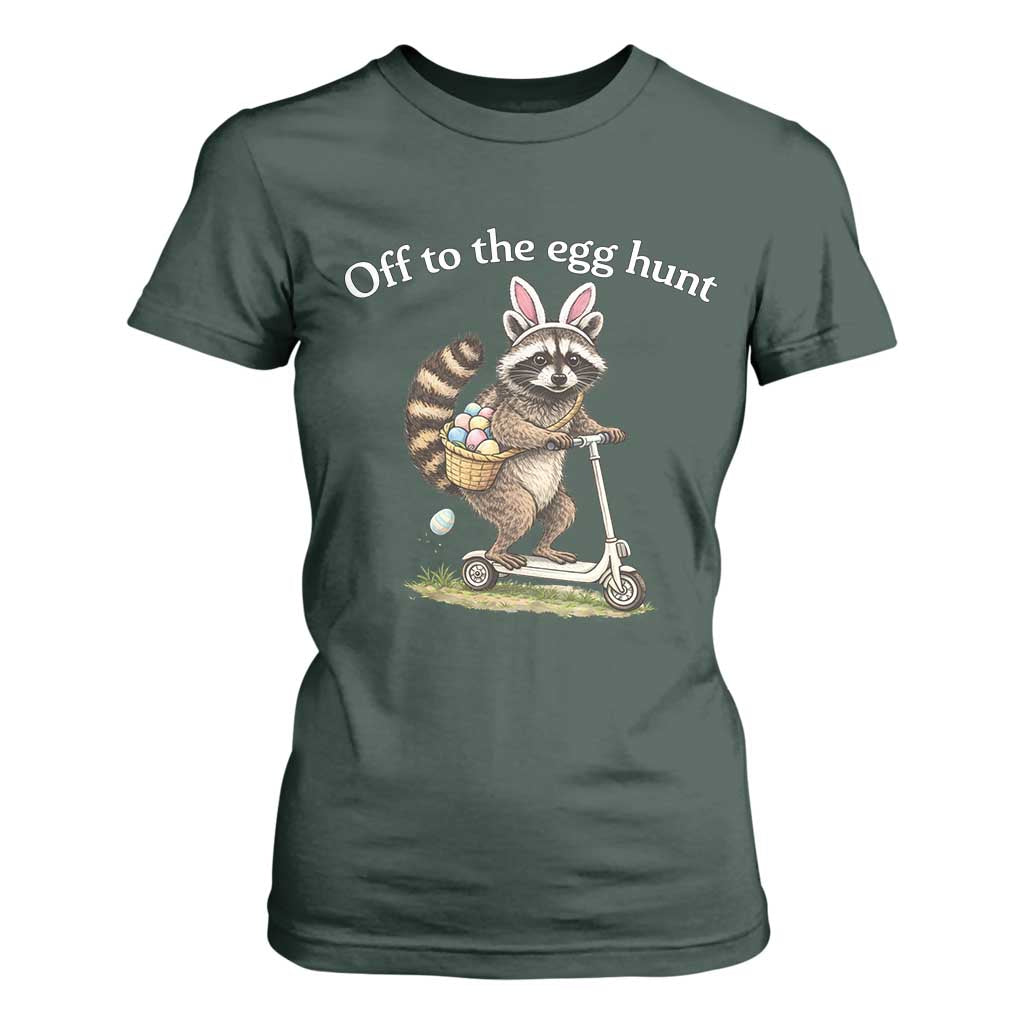 Off To The Egg Hunt T Shirt For Women Funny Easter Raccoon TS14 Dark Forest Green Print Your Wear