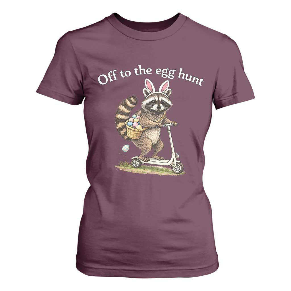 Off To The Egg Hunt T Shirt For Women Funny Easter Raccoon TS14 Maroon Print Your Wear