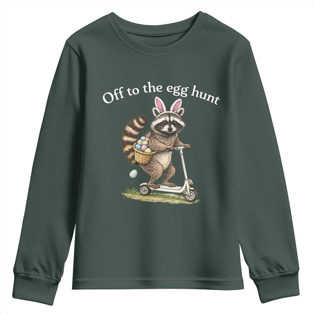 Off To The Egg Hunt Youth Sweatshirt Funny Easter Raccoon TS14 Dark Forest Green Print Your Wear