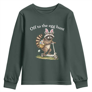 Off To The Egg Hunt Youth Sweatshirt Funny Easter Raccoon TS14 Dark Forest Green Print Your Wear
