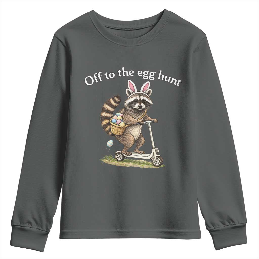 Off To The Egg Hunt Youth Sweatshirt Funny Easter Raccoon TS14 Dark Heather Print Your Wear