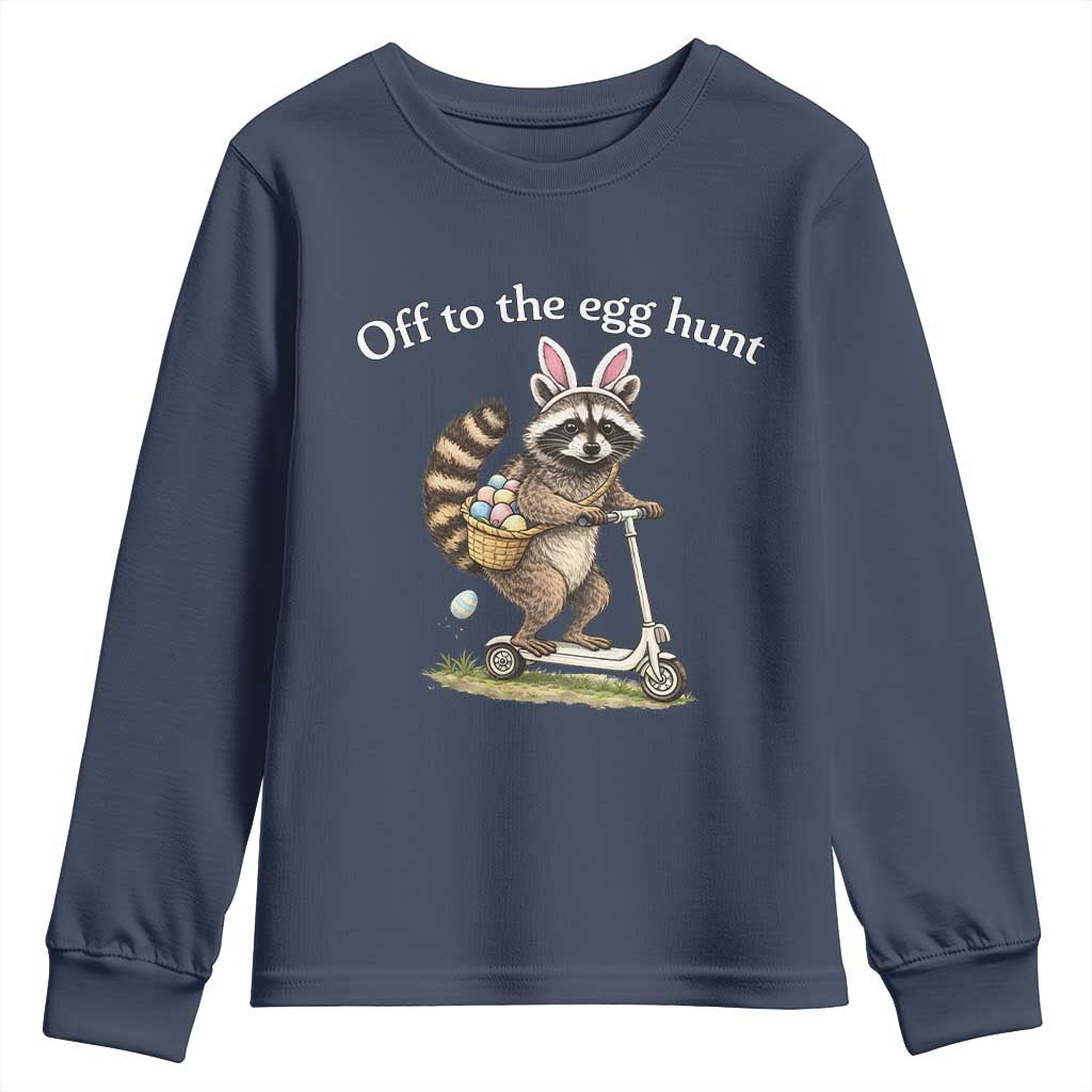 Off To The Egg Hunt Youth Sweatshirt Funny Easter Raccoon TS14 Navy Print Your Wear