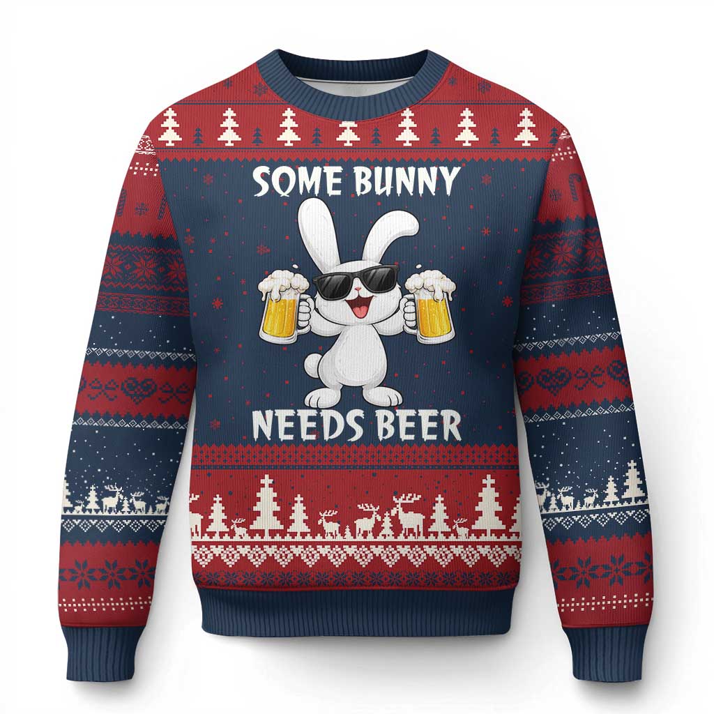 Funny Easter Bunny Drinking Beer Ugly Christmas Sweater Some Bunny Needs Beer TS14 Navy Red Print Your Wear