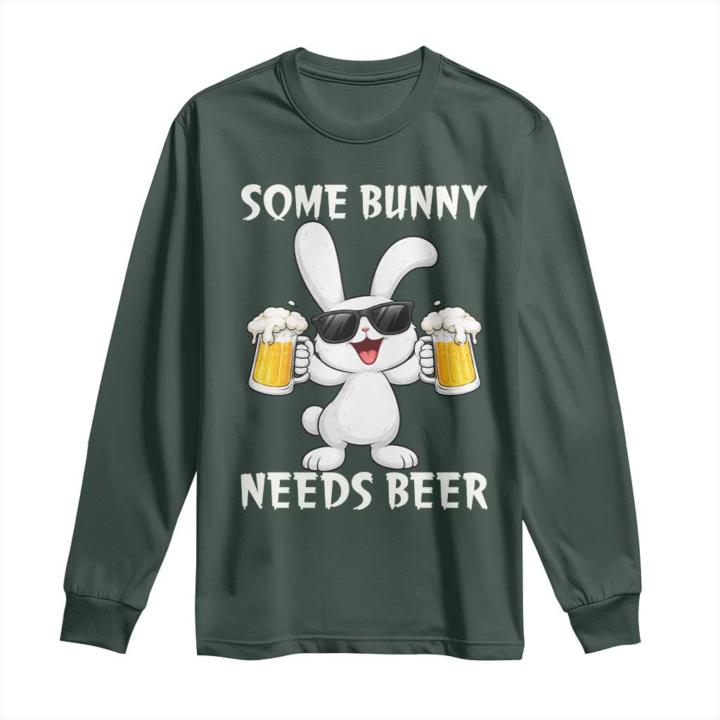 Funny Easter Bunny Drinking Beer Long Sleeve Shirt Some Bunny Needs Beer TS14 Dark Forest Green Print Your Wear