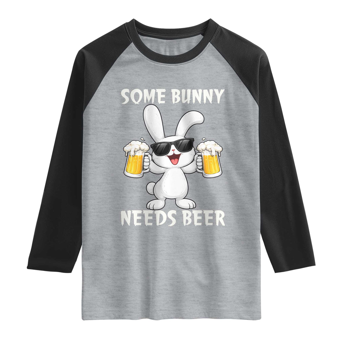 Funny Easter Bunny Drinking Beer Raglan Shirt Some Bunny Needs Beer TS14 Heather Gray Black Print Your Wear
