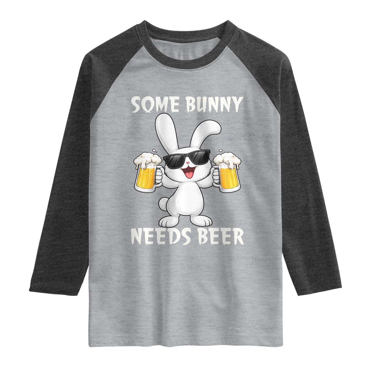 Funny Easter Bunny Drinking Beer Raglan Shirt Some Bunny Needs Beer TS14 Heather Gray Heather Charcoal Print Your Wear